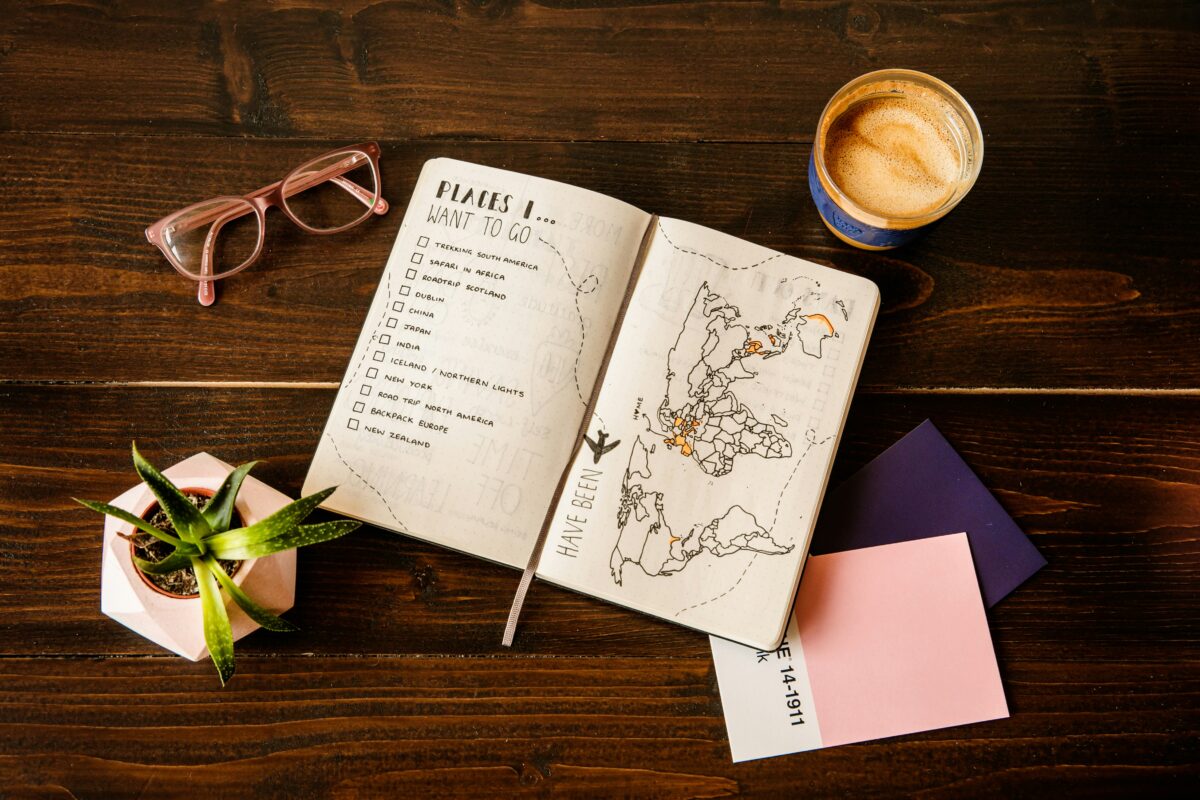 Open notebook with list of travel ideas