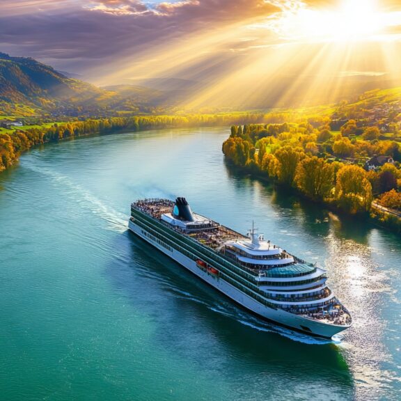 river cruise ship before sunset